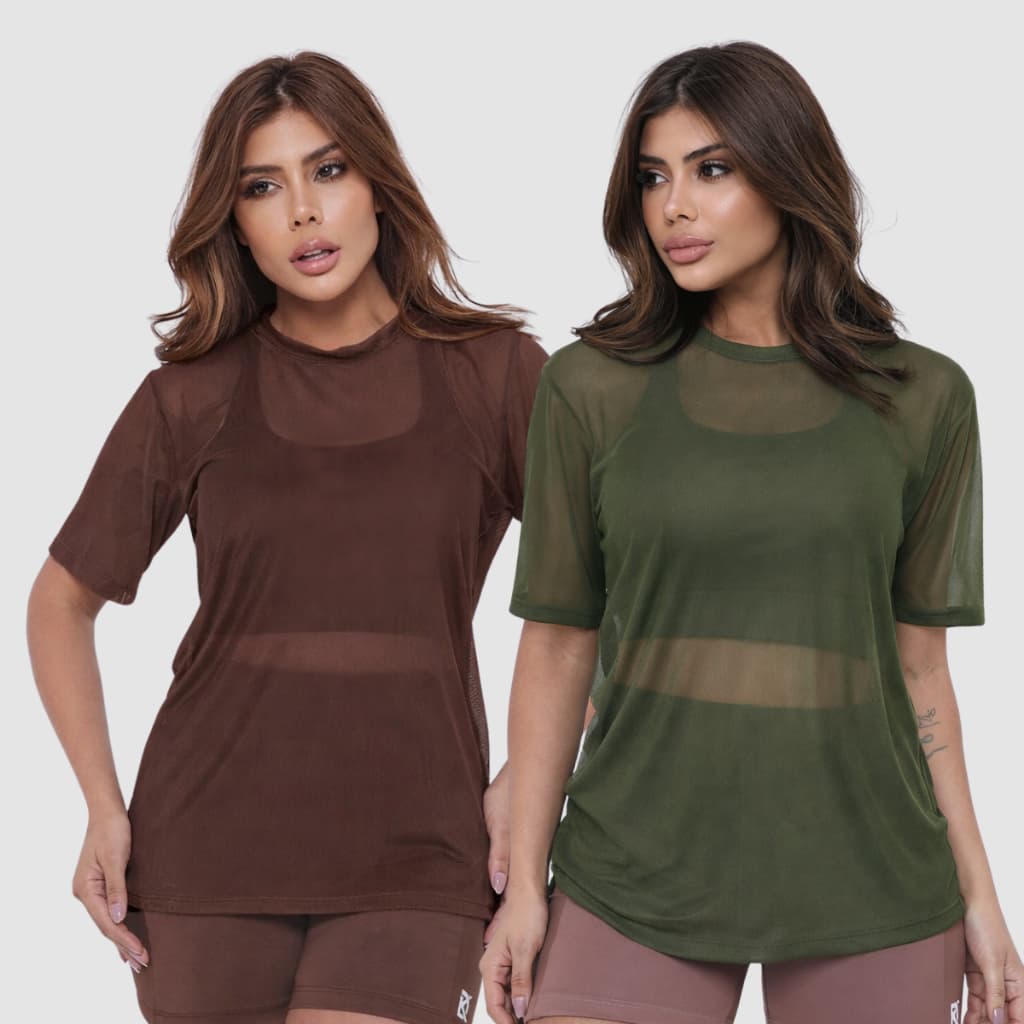 Kit 2 Blusa de Tule Transparente Feminina Look Fitness Basico Academia