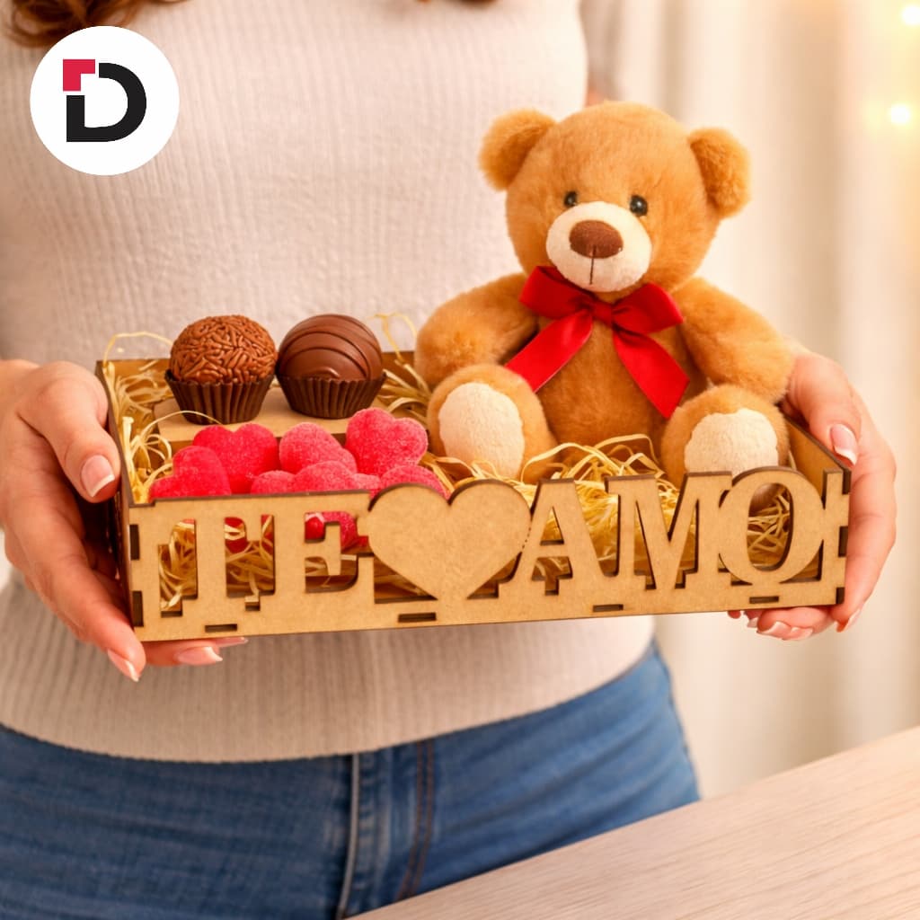 Kit Bandejas MDF 30x25x5,5 Frase “Te Amo” Organização Multiuso Presente Namorados Feminino Masculino Cestas Domestica