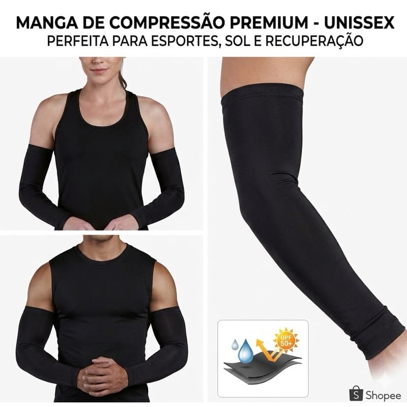 Manguito de Compressão Preto Par 2 Unidades Proteção UV Esportivo Ciclismo Corrida Academia