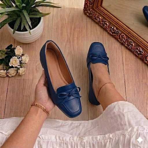 Mocassim Feminino Sapatilha Confortável Luxo Azul com Laço  Para Trabalho e Dia a Dia
