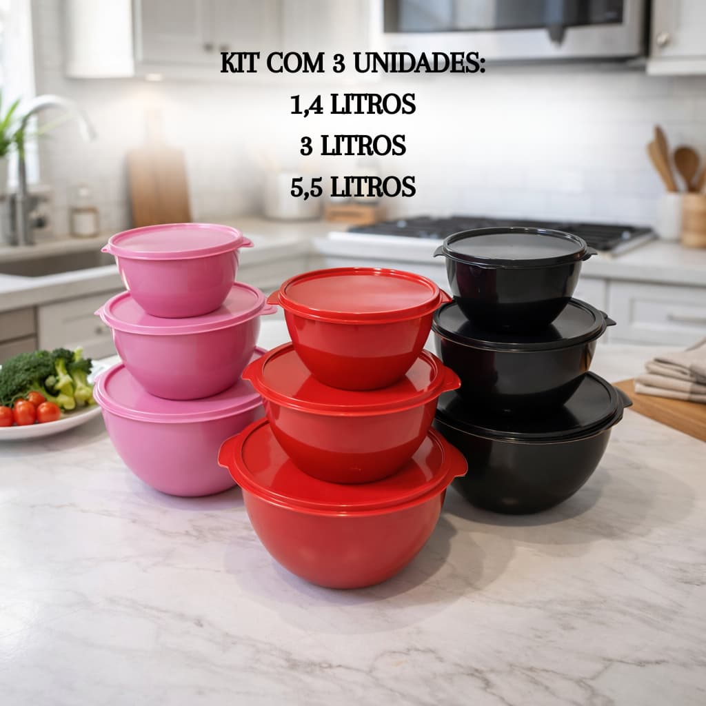 Kit 3 Bowls Plástico Saladeira Tapoer Tigela 1.400ml 3.000ml 5.500ml Cozinha Churrasco Dia a Dia Resistente