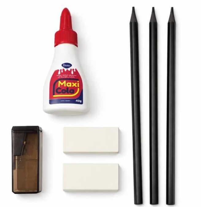 Kit Escolar 7 itens 3 Lápis Preto 2 Borrachas 1 Cola Branca 40g 1 Apontador com Depósito
