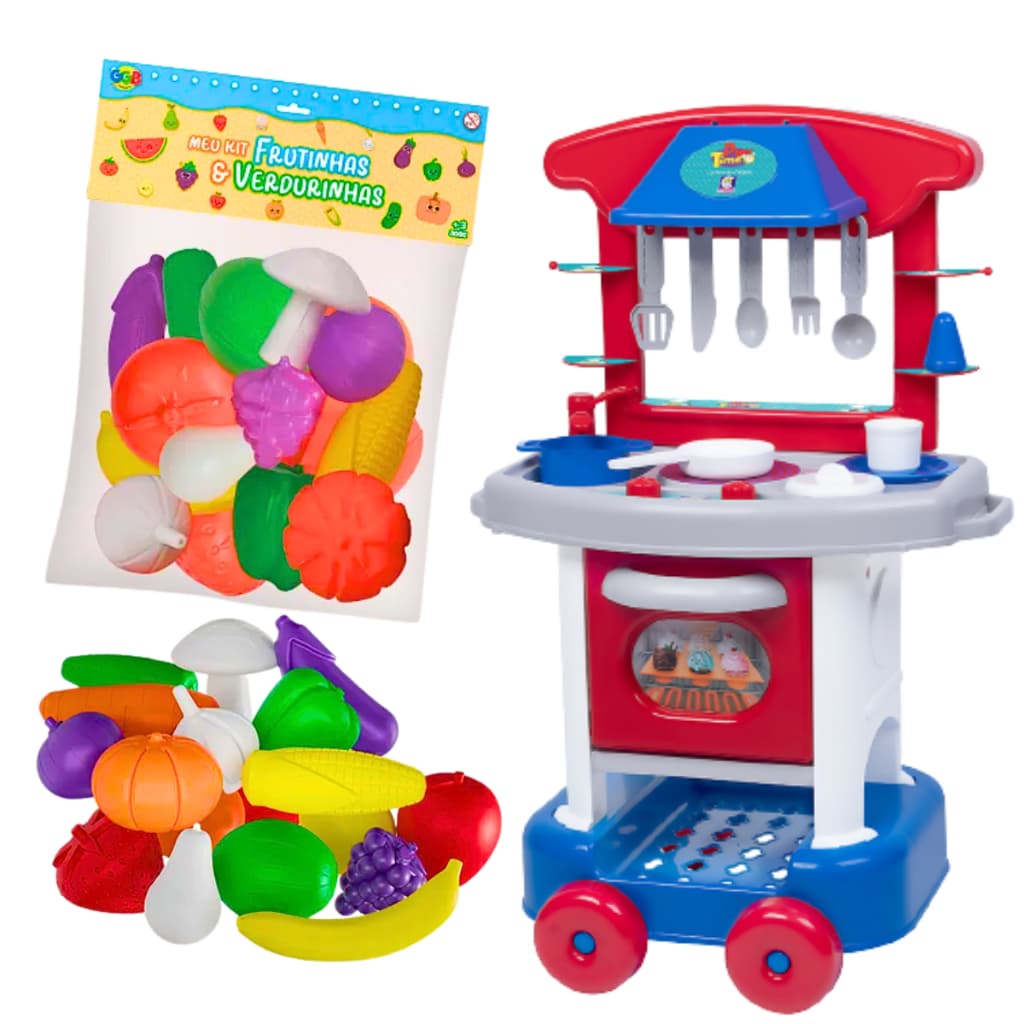 Cozinha Infantil Menino Fogaozinho Brinquedo + Frutinhas de Plastico
