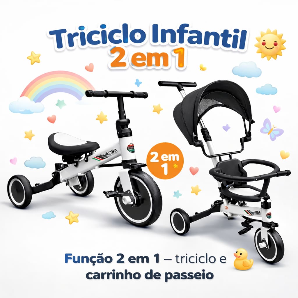 Carrinho de Passeio e Triciclo Infantil com Guia Removível Para Crianças e Bebês Uso Externo e Viagem Branco e Preto