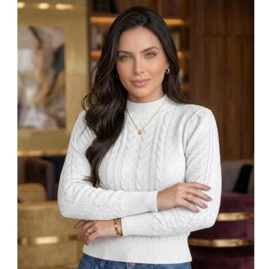 Blusa Cropedd Feminina De Inverno Tricot Modal Manga Bufante Sofisticada Gola Redonda Tranças Chique