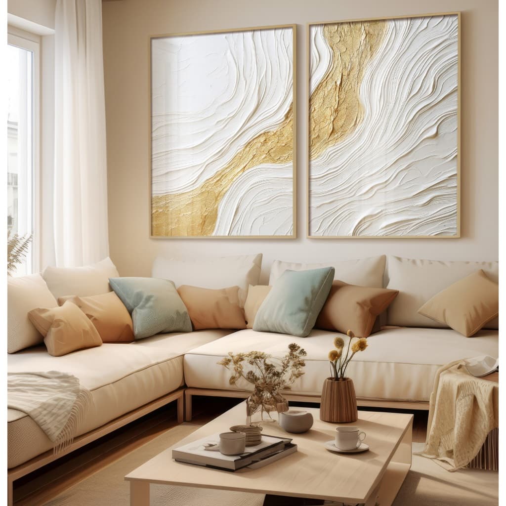 Quadro Abstrato Para Sala Quadro Com Moldura E Vidro Quadros Decorativos Quarto Branco Dourado Duo