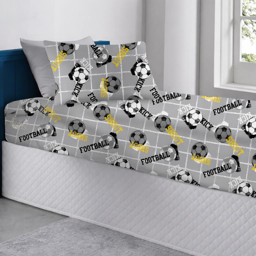 Jogo de Cama Solteiro Infantil Futebol Cinza com Elástico 2 Peças Lençol e Fronha Toque Macio