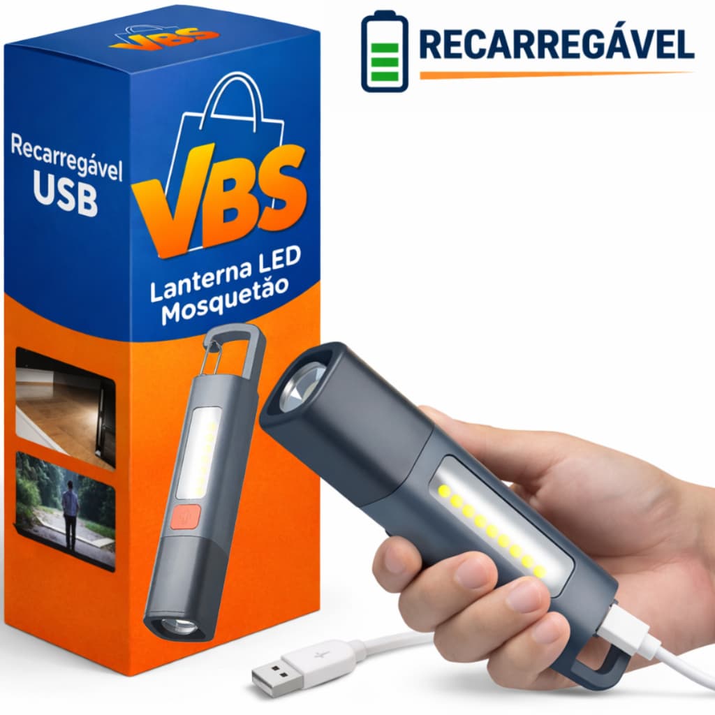 Lanterna Recarregável USB Luz Led 3 Modos Portátil Multifuncional Tática Gancho Zoom Mosquetão
