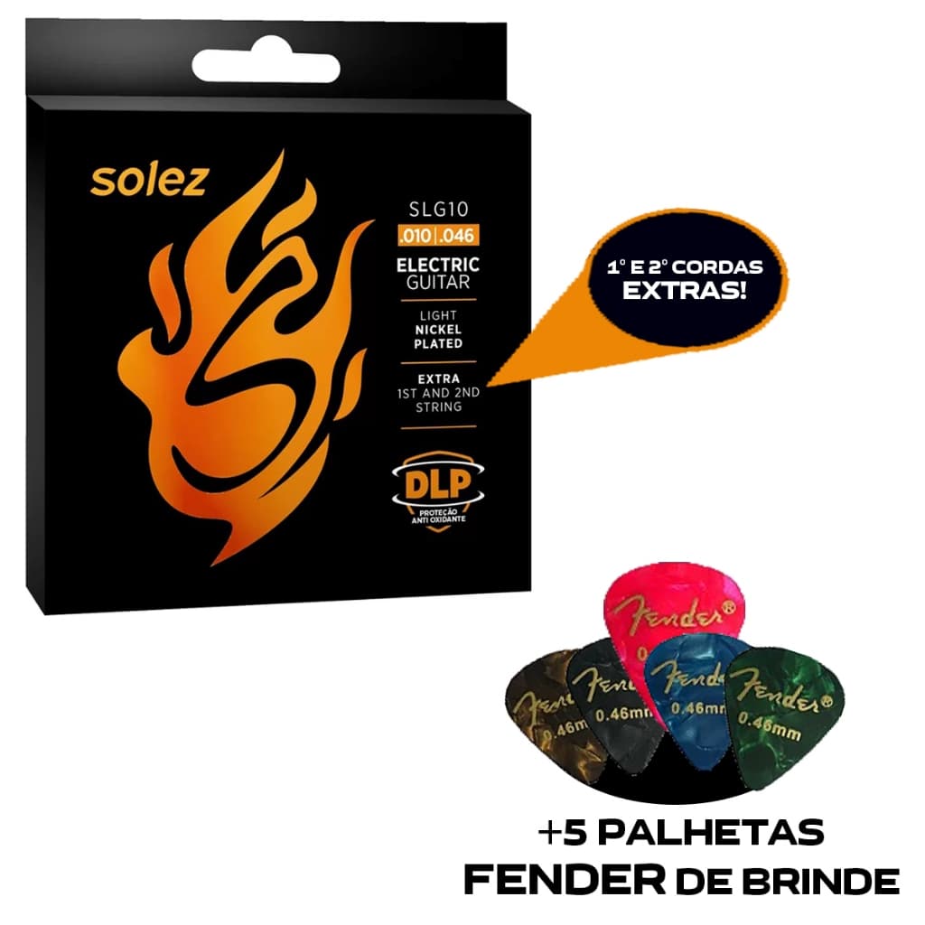 Encordoamento Para Guitarra Solez Slg10 010 + Brinde 5 Palhetas Fender