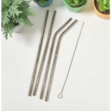Kit 5 peças com 4 Canudos de aço inox reutilizável sustentável + 1 escova de limpeza