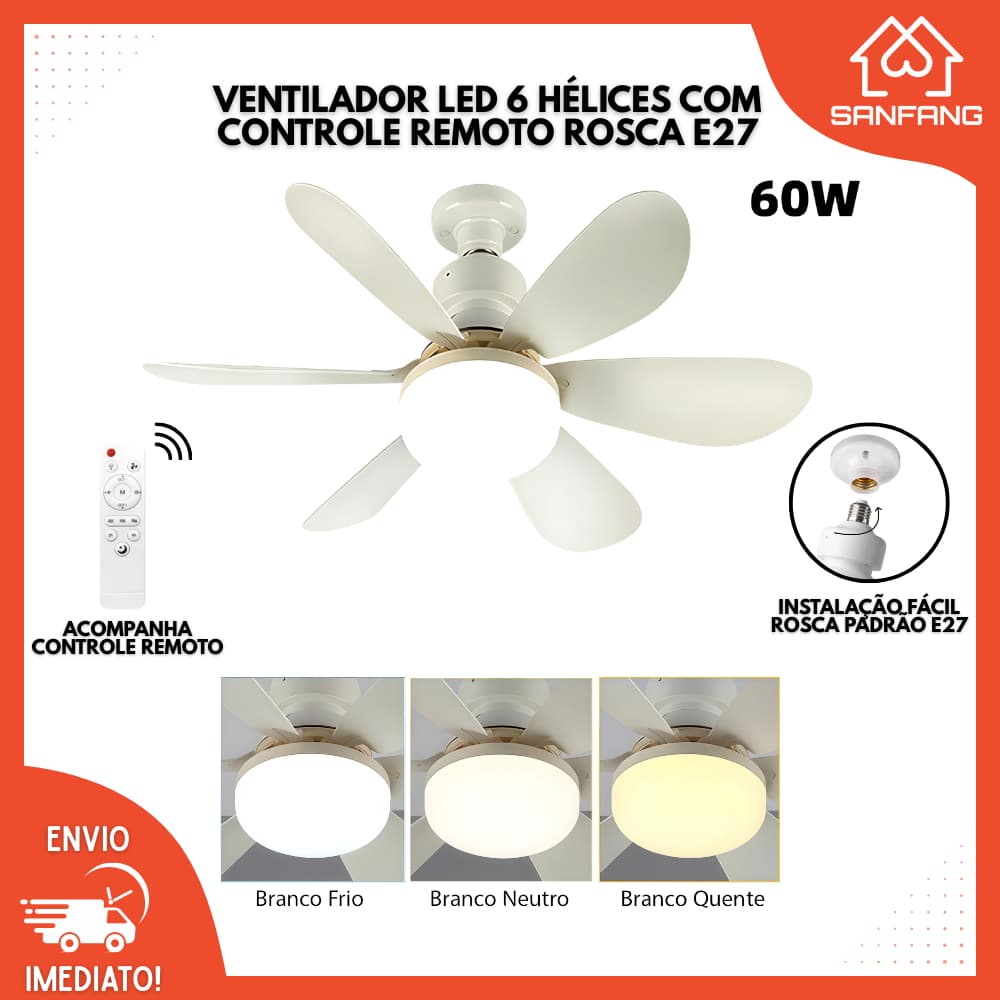Ventilador de Teto com Luz Silencioso Controle Remoto Economica Instalação Fácil LED Bivolt E27