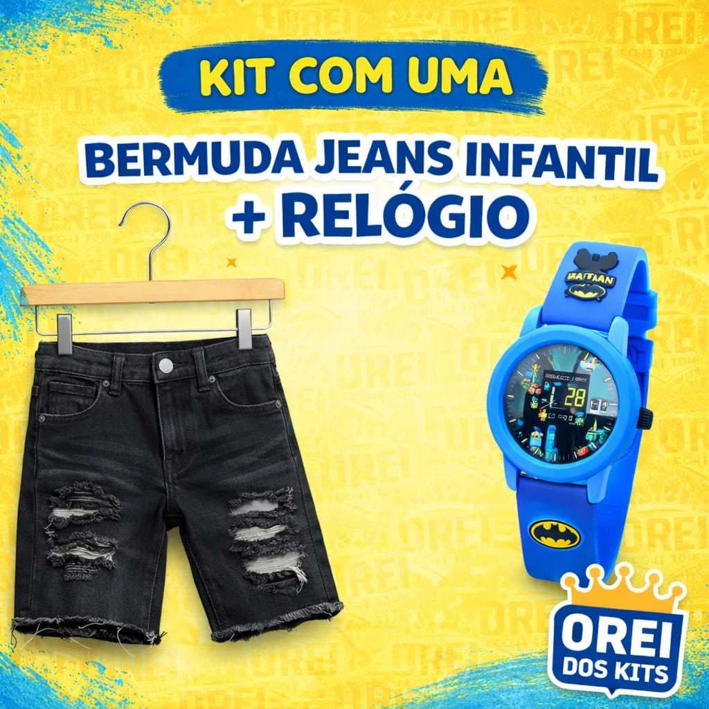 Bermuda Jeans Infantil Juvenil Rasgada Desfiada + Relógio Para Menino de Personagens