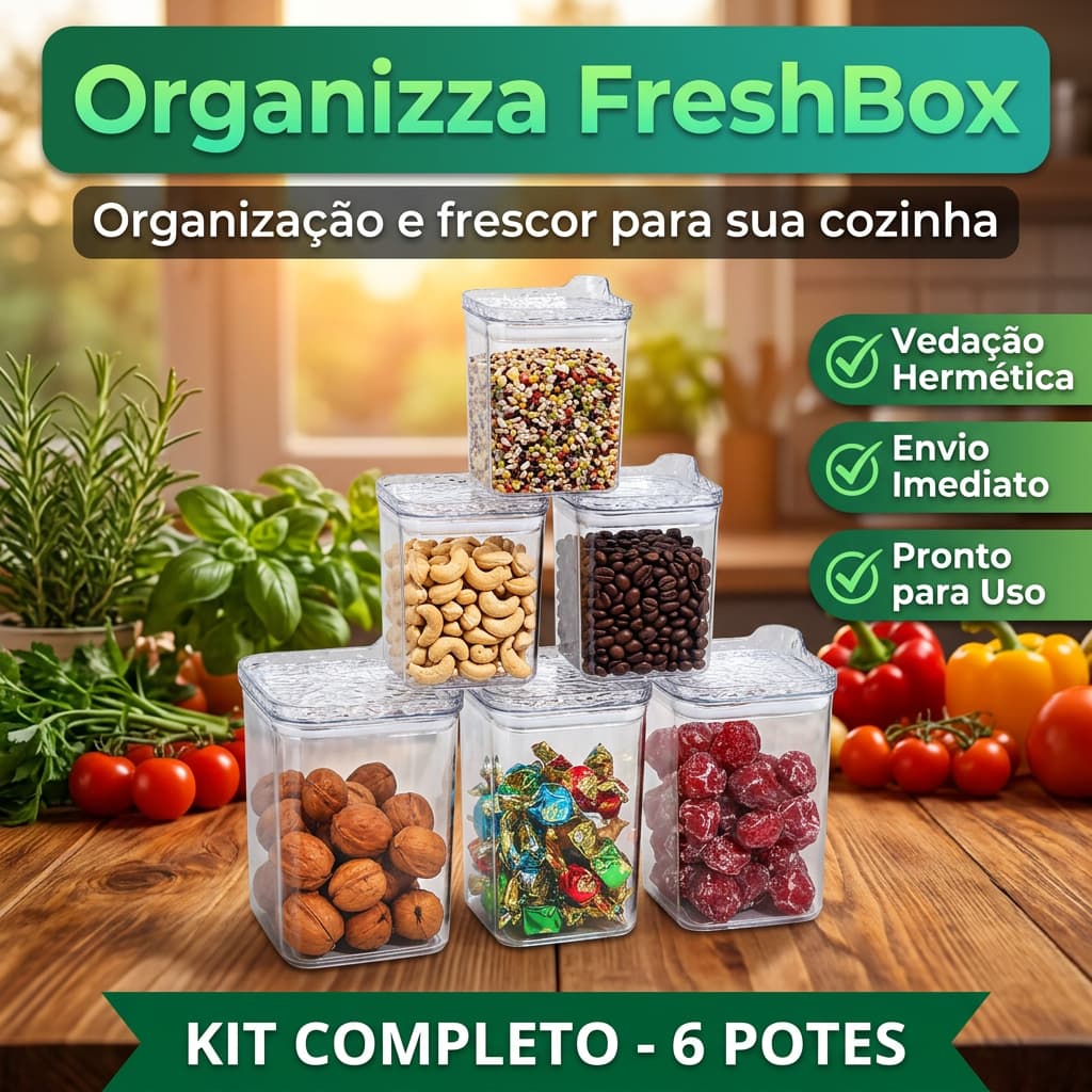 Kit 6 Potes Herméticos Cozinha Organizza FreshBox Organizador Alimentos Tampa Vedação