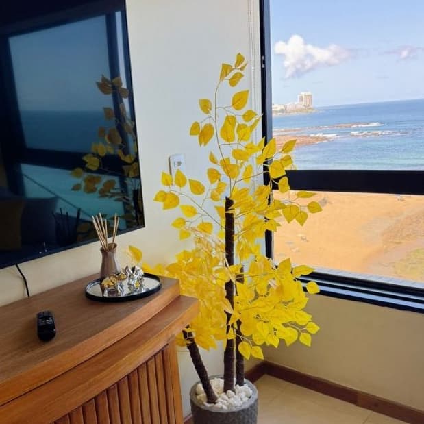 Planta Fícus Amarelo Vaso Pedra Arranjo Artificial Decoração Sala