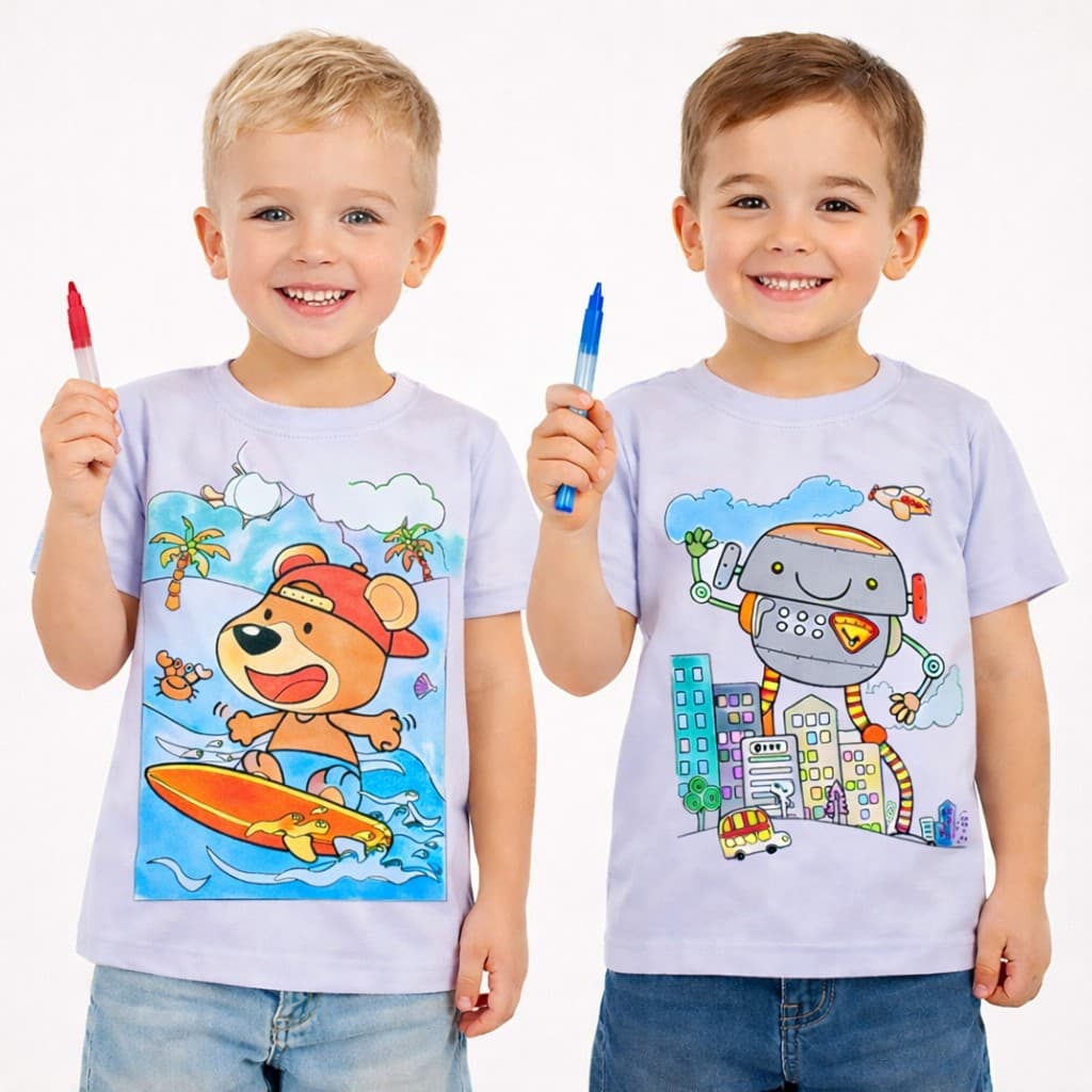 Camisa Infantil Menino para Colorir Pinta e Lava com 6 Canetinhas –  02 ao 14 Anos