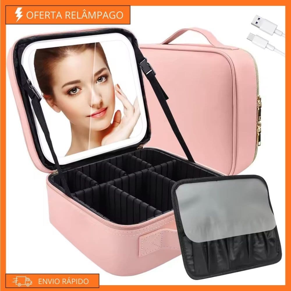 Maleta de Maquiagem com Espelho LED Organizador Profissional Necessaire Viagem