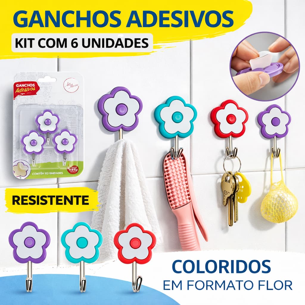 Gancho de Parede Adesivo Flores Talher Urso 6 Unidades Ganchinho Pendurar