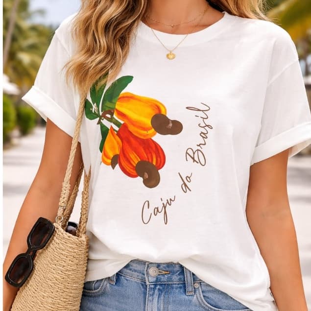 Blusa Feminina Max Caju Brasil Camiseta Oversized Estampa Tropical Moda Verão