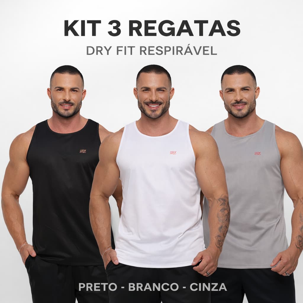 Kit 3 Regatas Masculinas Dry Fit Academia Treino Fitness Preto Branco Cinza
