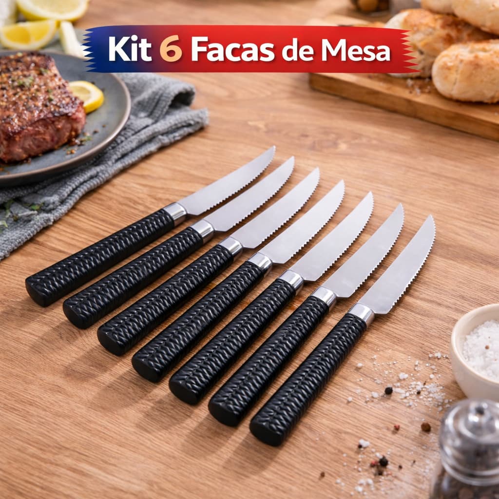 Kit 6 Facas Mesa Inox Cabo Preto Durabilidade Estilo Funcionalidade