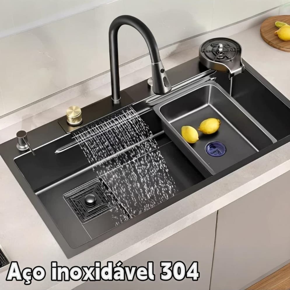 Kit Deluxe Aço Inoxidavel 304 Kitchen Cuba Gourmet Premium Cascata Lavador Copos Torneira Completa