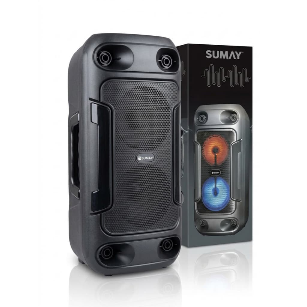 Caixa de Som Bluetooth Sumay 80W RMS Potente Slim Black Com LED RGB Karaokê Rádio FM