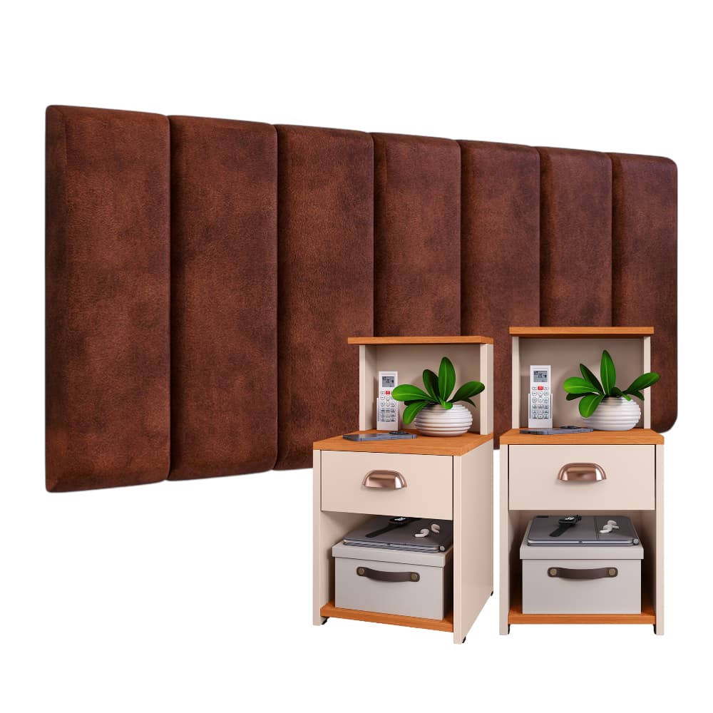 Placas Modulares De Cabeceira Estofada 45 x 20 cm com 2 Mesas de Cabeceira Cléo com Nicho Prateleira e 1 Gaveta Elegante