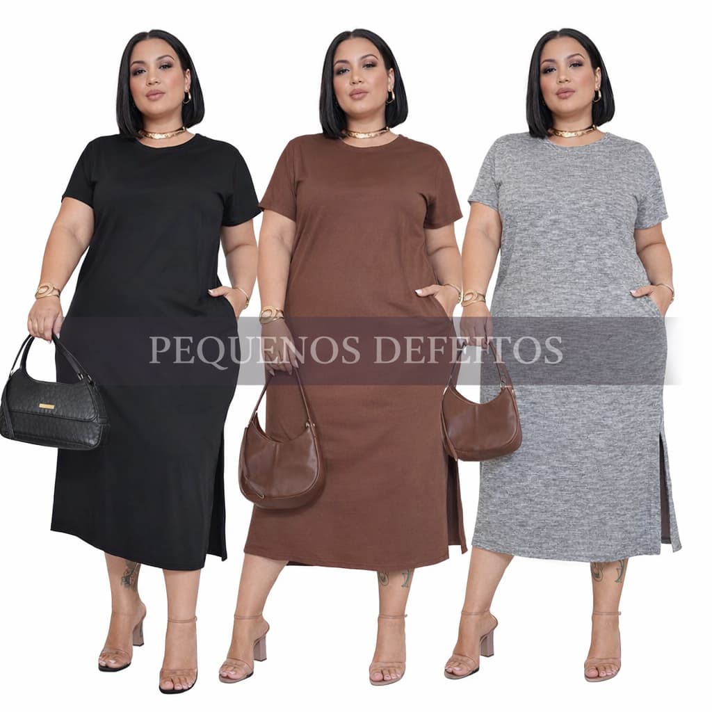 Vestido Plus Size Midi (Pequenos defeitos) Basico Elegante Confortavel Liso Feminino Malha Canelada