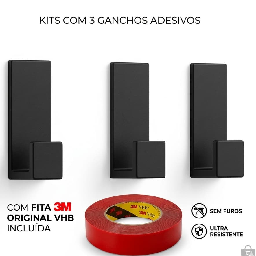 Kit Cabide Gancho Adesivo de Parede com Fita Dupla Face 3M para Toalhas Banheiro Cor Preto