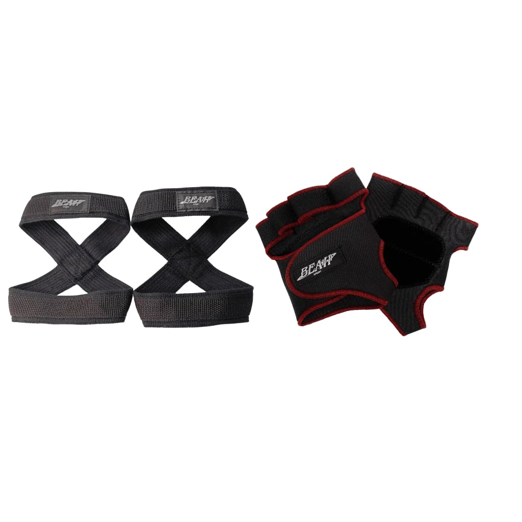 Kit 1 Par De Luvas De Academia Vermelho + 1 Par de Talas Straps 8 Preto Para levantamento de peso