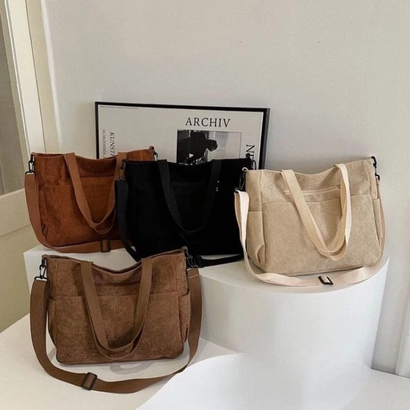 Bolsa Tote Media de veludo Feminina de Ombro, Mão e Tiracolo Cotelê Ecobag Com Zíper Sacola