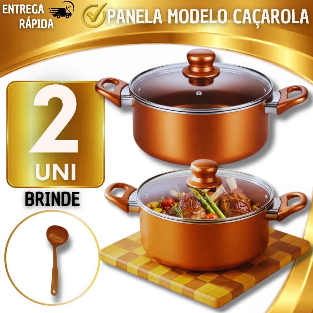 Panela Caçarola de Cobre Antiaderente Premium com Tampa de Vidro + Concha de Brinde – Ideal para Casa e Restaurante, Coz