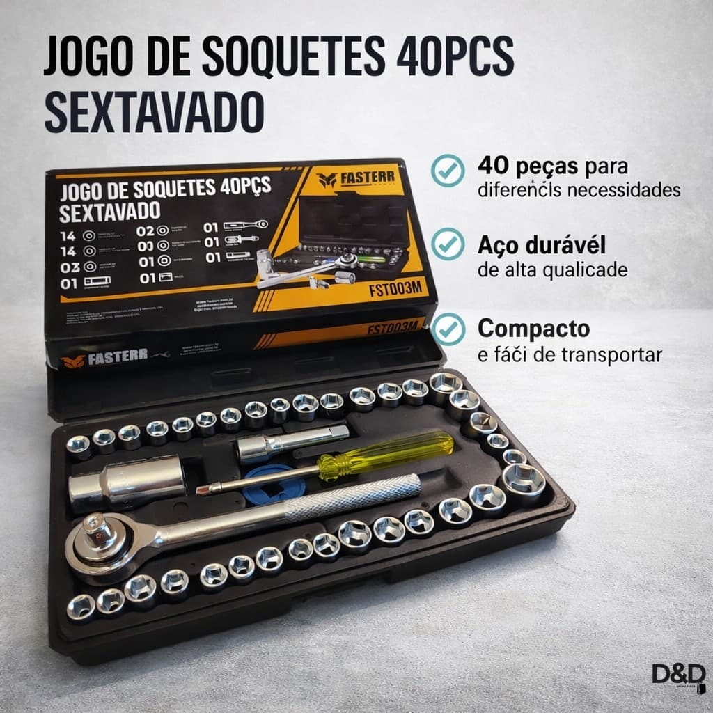 Kit De Ferramentas 40 Peças Cinzenta/Preta Jogo De Soquetes Chave Catraca Reversível Com Maleta Jogo Completo