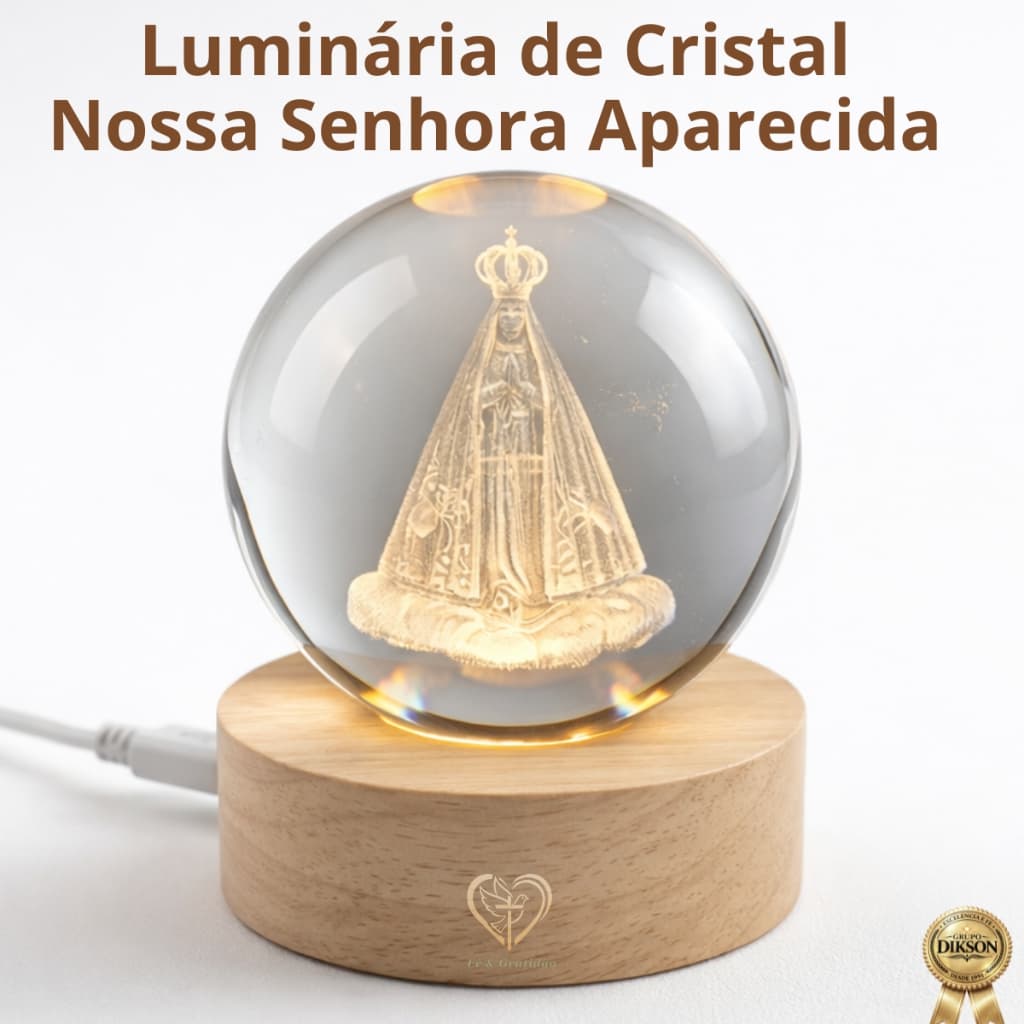 Luminária Cristal Nossa Senhora Aparecida Padroeira Brasil 3D LED USB Abajur Católica Envio Imediato