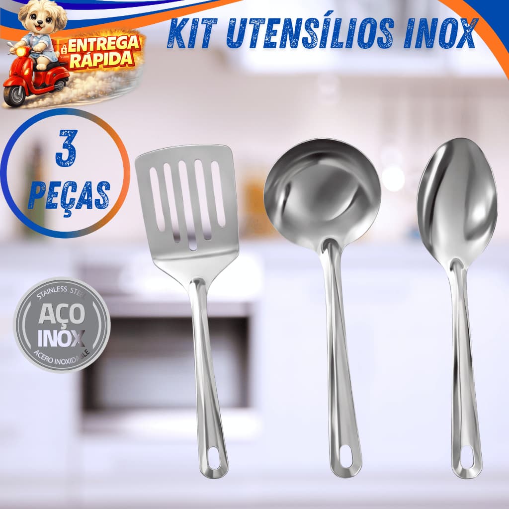 Kit Utensílio Cozinha Inox Espátula Concha Colher Aço Inoxidável Resistente Cozinhar CasaRestaurante