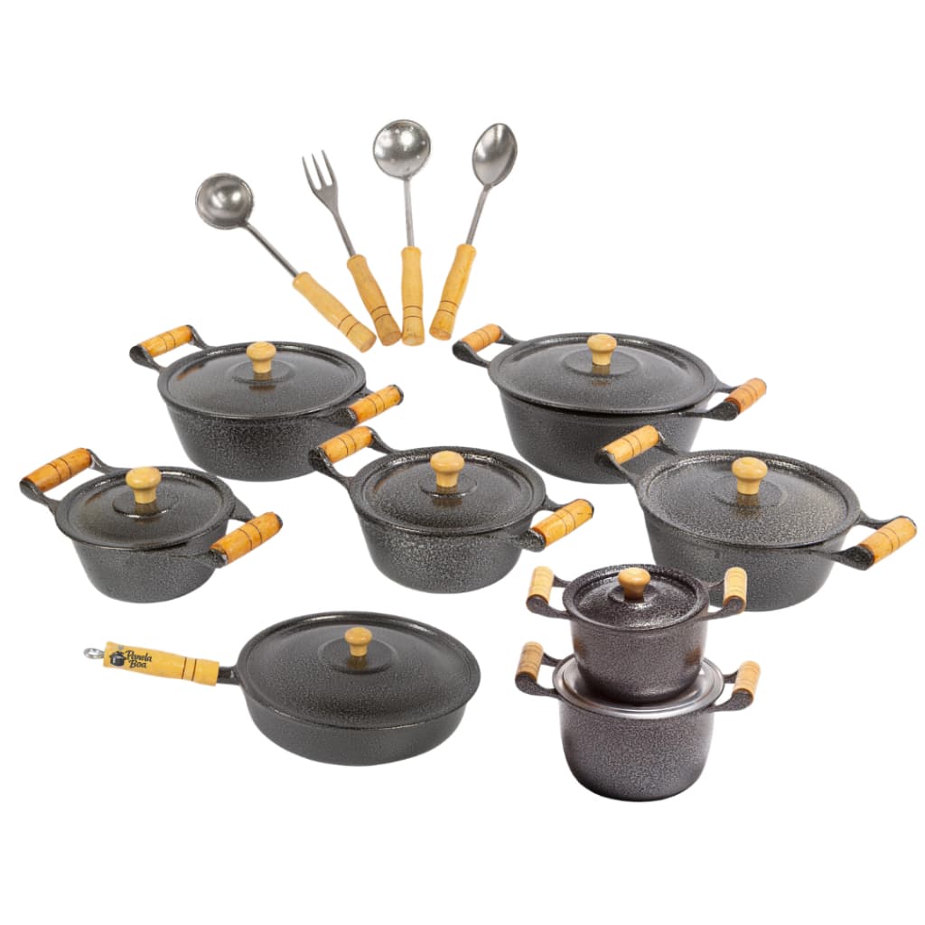 Kit Panelas Alumínio Fundido Batido com 12 Peças Caçarolas, Caldeirão, Frigideira e Talheres Preto