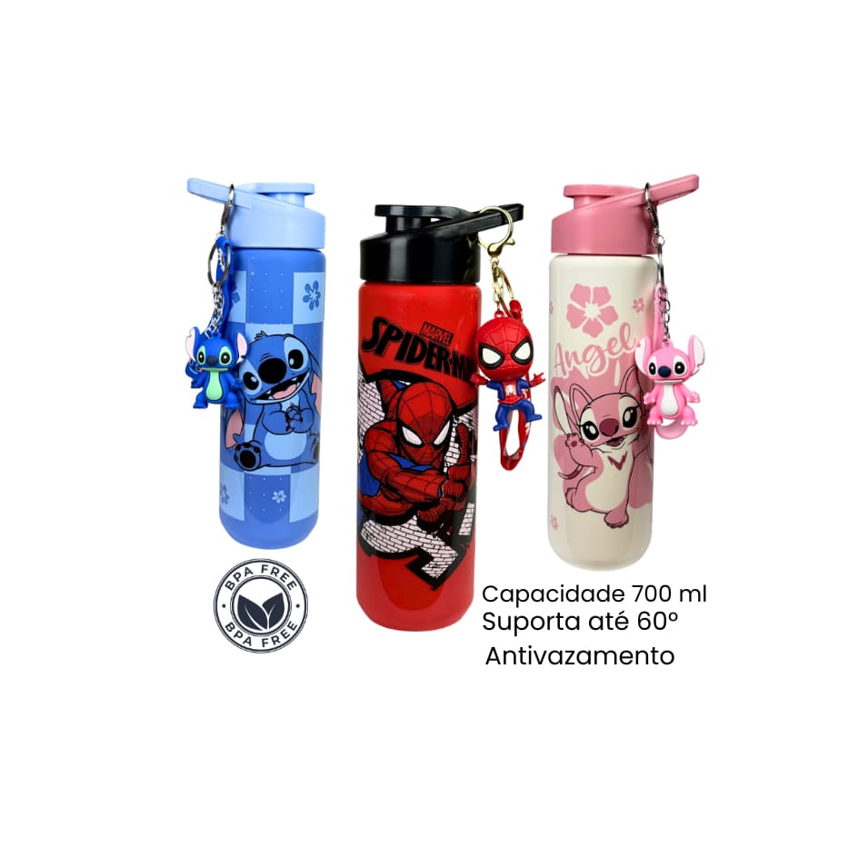 Garrafa De Água 700ml Livre de BPA Com Chaveiro Personagem Mickey Minnie Stitch Harry Potter Capivara Academia
