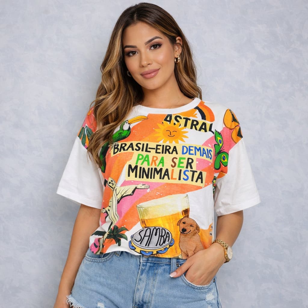 Cropped Feminino Oversized Estampa Brasileira Colorido 100% Algodão Moda Blogueira