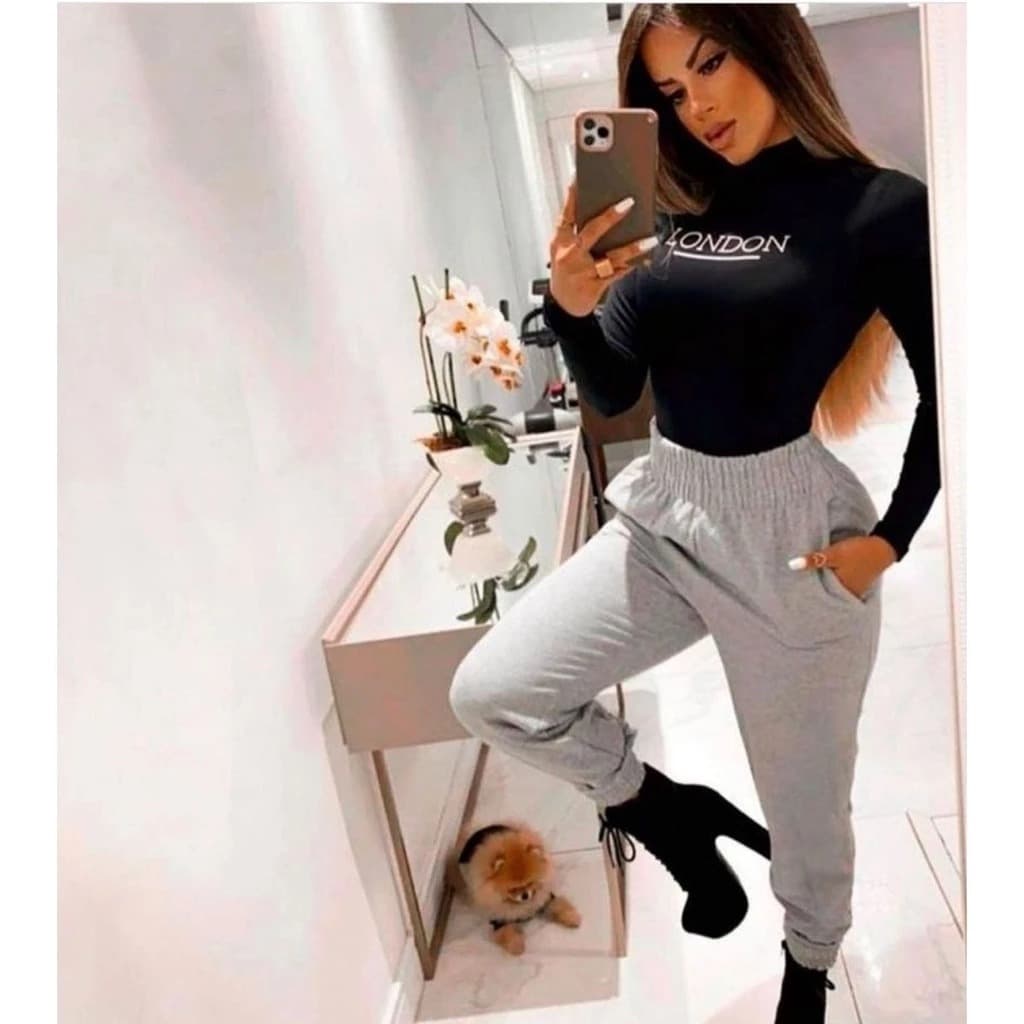 Calça Moletom Flanelada Slim Feminina Jogger Cintura Alta Inverno Bolso Grossa Quentinha Blogueira