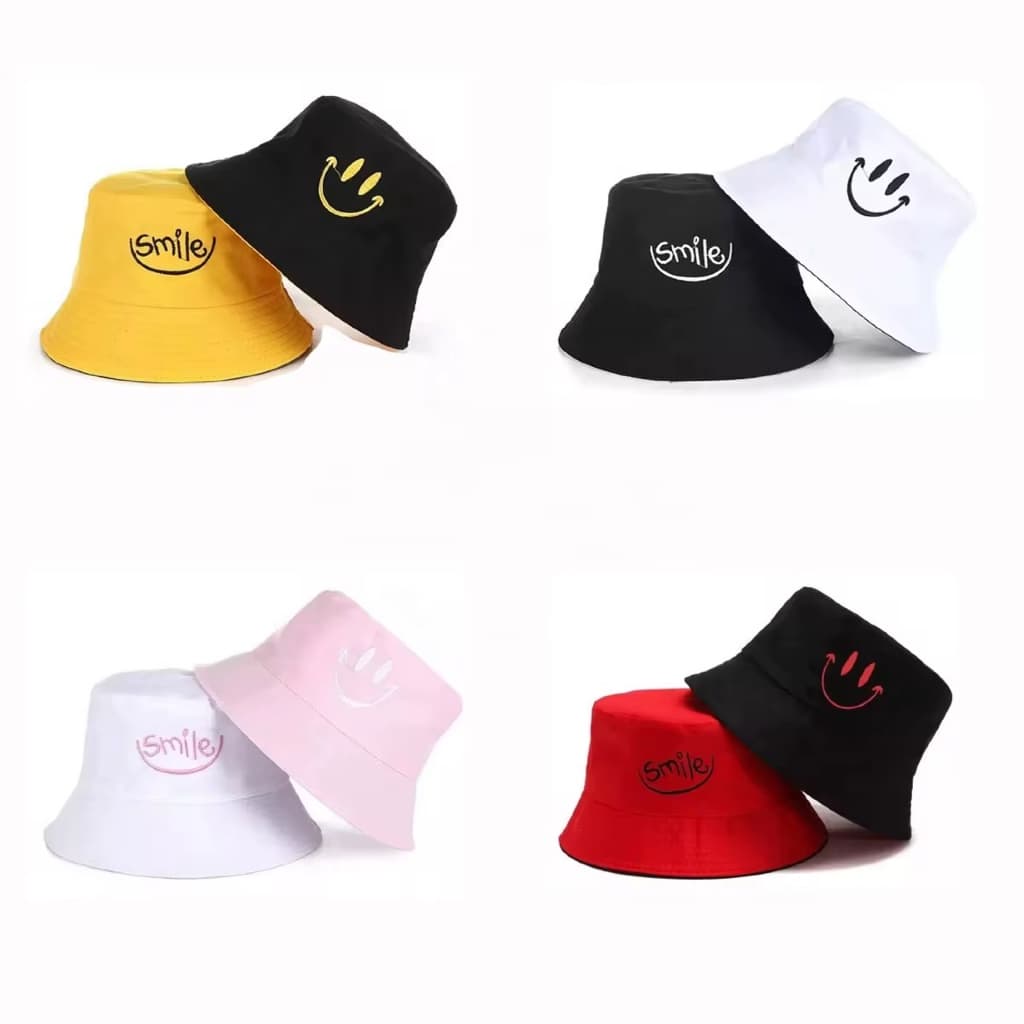 Bone Chapeu Bucket Hat Sorriso Duas Face Bege Preto Rosa