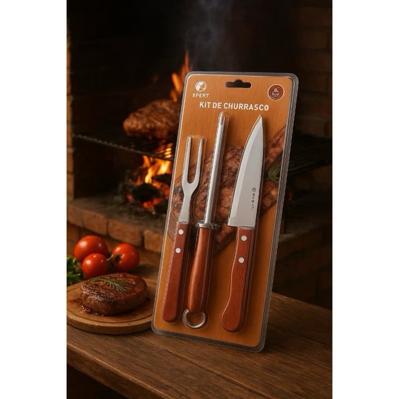 Kit Churrasco 3 Peças Cabo Madeira Aço Inoxidável Utensílios Essencial Resistente Moderno