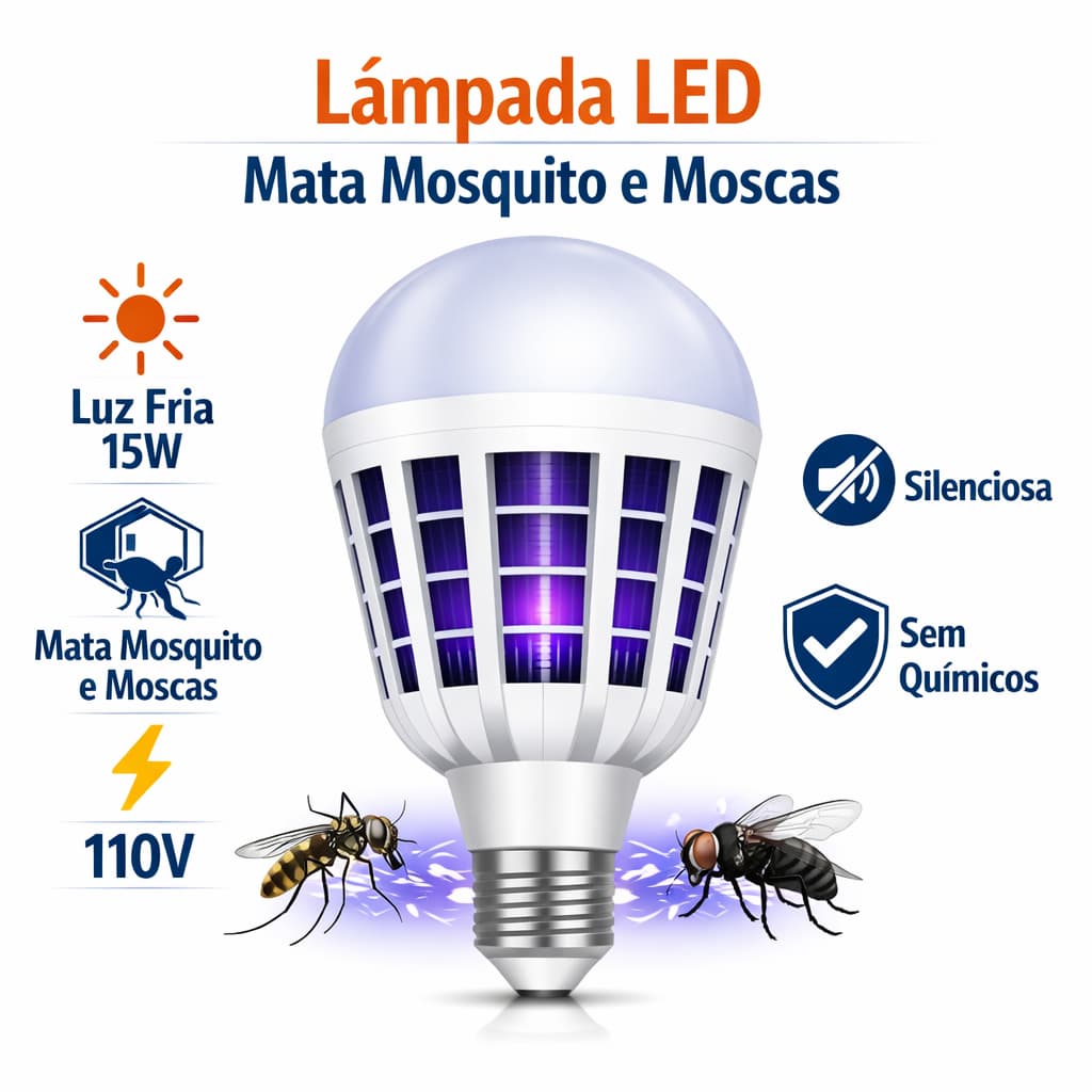 Lâmpada LED Mata Mosquito e Moscas – Repelente 110V 15W Luz Fria Silenciosa e Eficiente