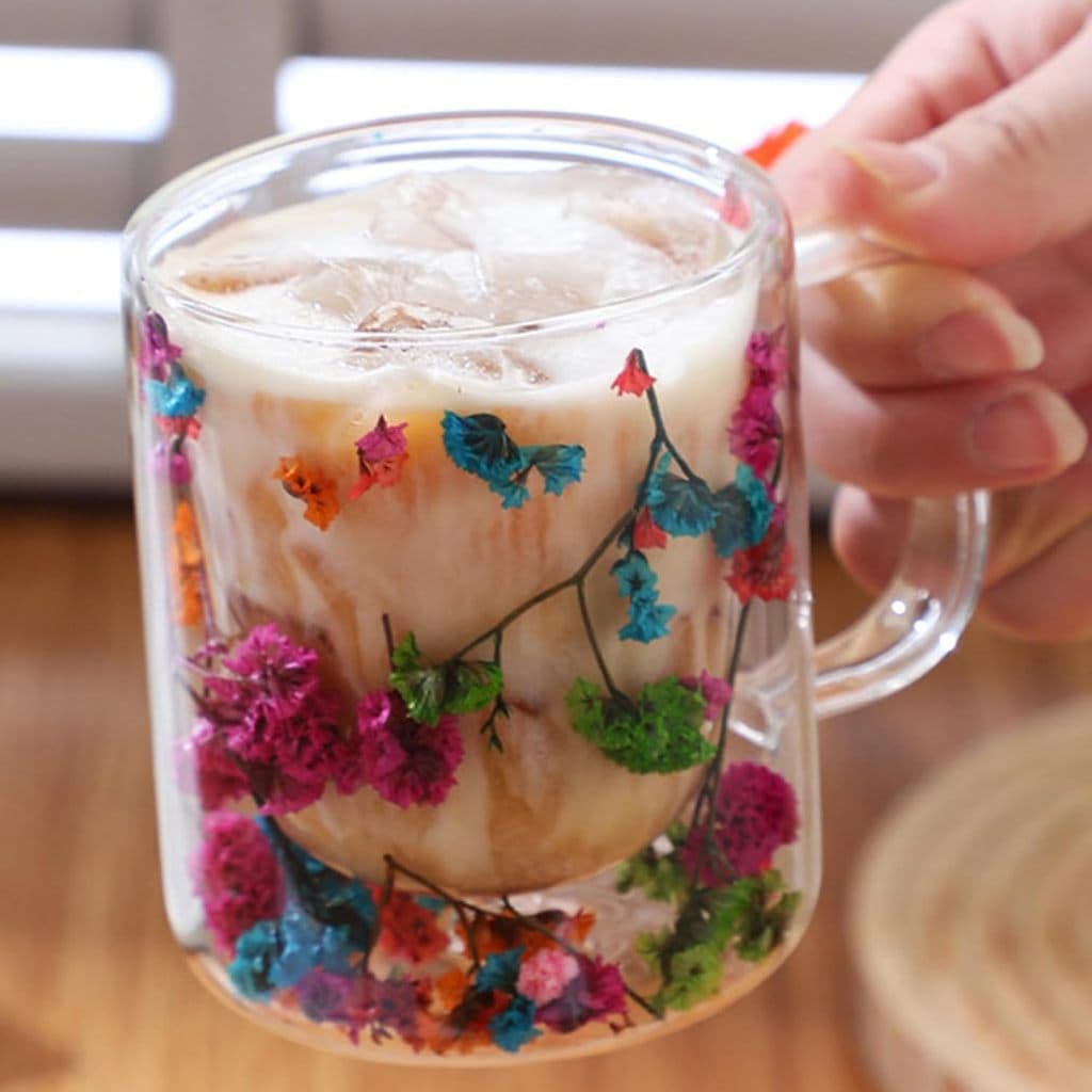 Xícara Transparente de Borossilicato com Flores Secas Colors – Parede Dupla, 110ml CORES SORTIDAS