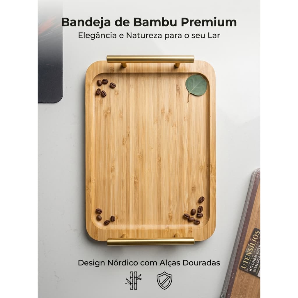 Bandeja de Bambu Premium 33x24cm com Alça Metal Dourada - Luxo Multiuso