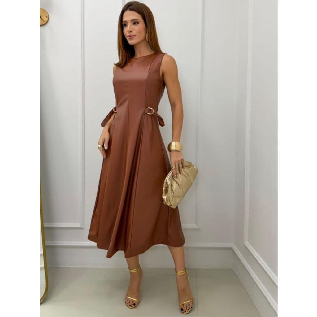 Vestido Midi Femimino Couro Ecologico Pu Com Ajuste Na Cintura Coleção Outono Inverno M ao GG