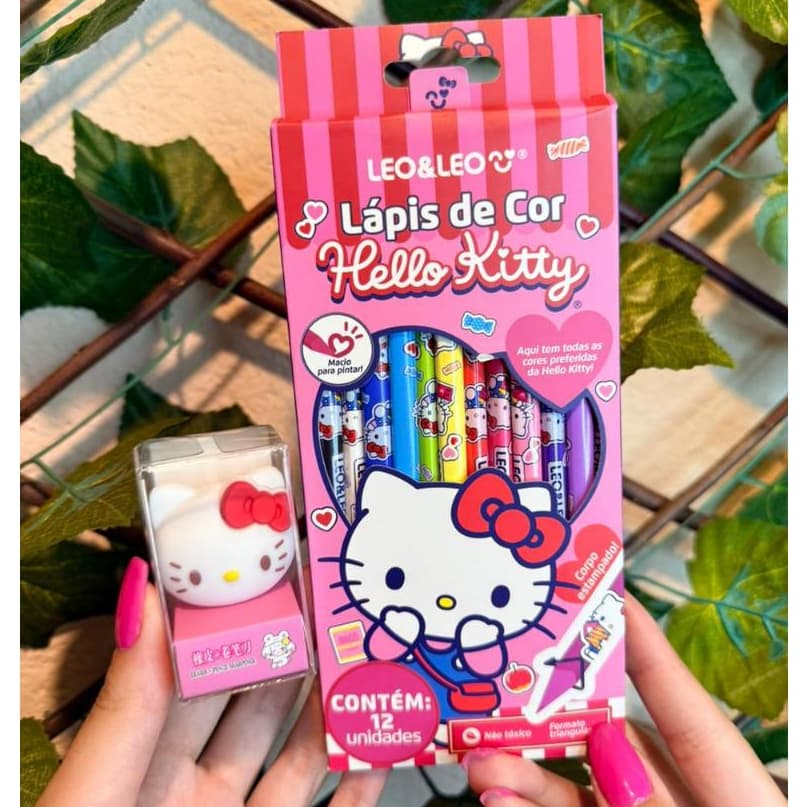 Kit Estojo 12 Lapis de Cor Hello Kitty Leo&LEo + Apontador Papelaria Fofa Kawaii Material Escolar