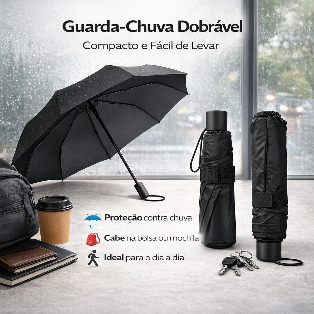 Guarda Chuva Dobrável Preto Compacto Portátil 53cm Bolsa Mochila