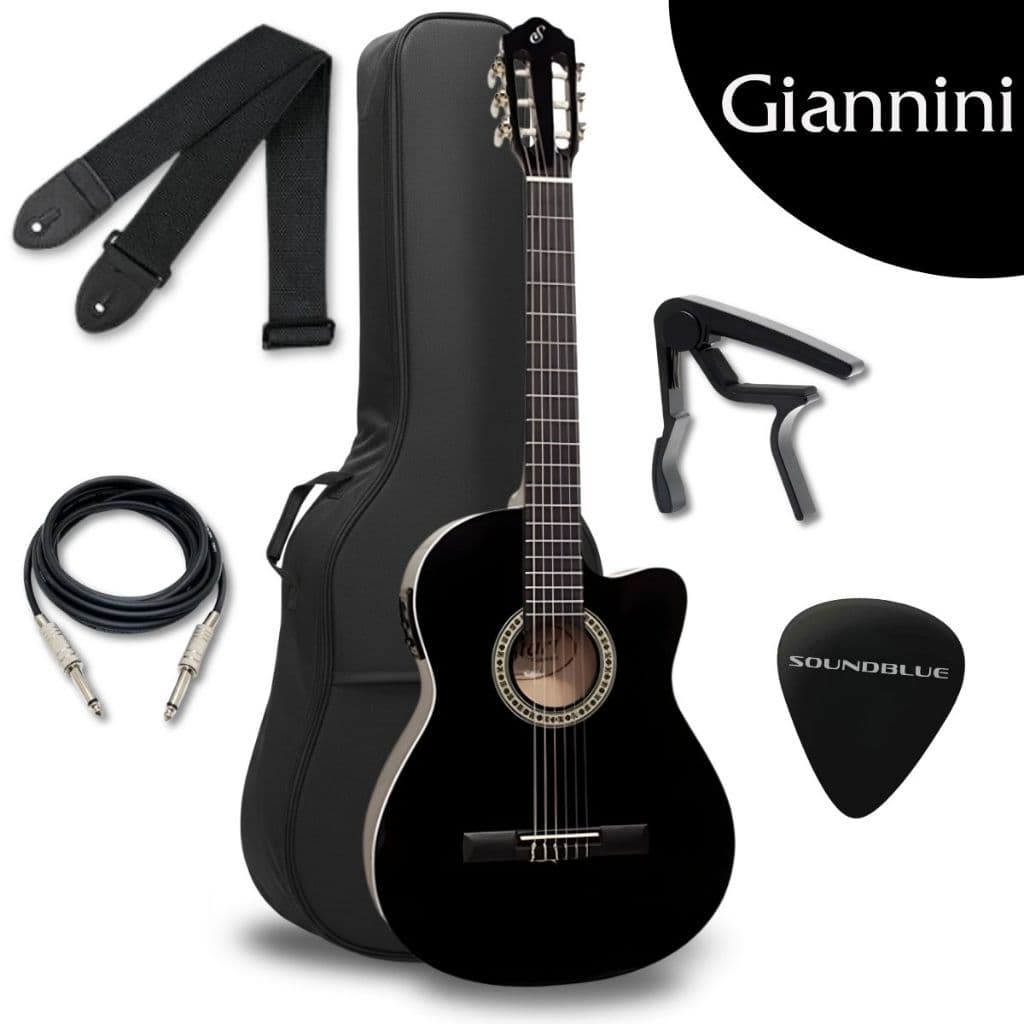 Kit Violao Giannini Eletrico Acustico Profissional Corda Nylon preto Brilhante Flat Eletroacustico Estudo Iniciante