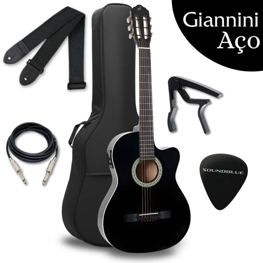 Kit Violao Giannini Eletrico Acustico Profissional Corda Aço Cutaway Preto Flat Eletroacustico Estudo Acessorio Completo
