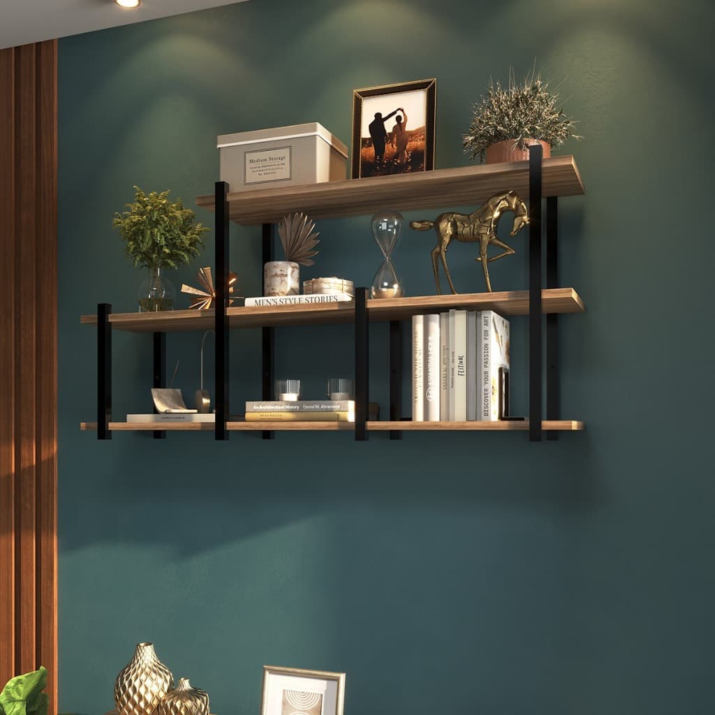 Prateleira Industrial de Parede em Ferro Preto com Madeira Laminada Modelo Nicho Triplo